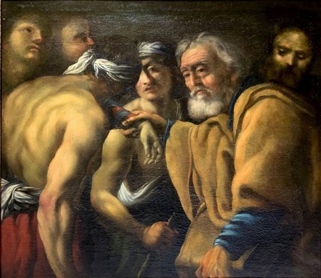 Dipinto ad olio su tela raffigurante "Il ritorno del figlio prodigo", XVII...