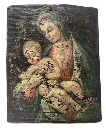 Frammento di dipinto ad olio su tavola raffigurante Madonna con bambino,...