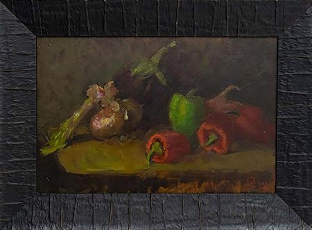 G.Vinci, Natura morta con peperoni rossi 35 X52 Olio su masonite. Firmato in...