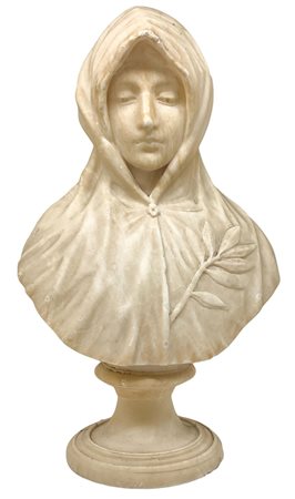 Mezzobusto in marmo bianco raffigurante donna con ramo di ulivo sul manto,...
