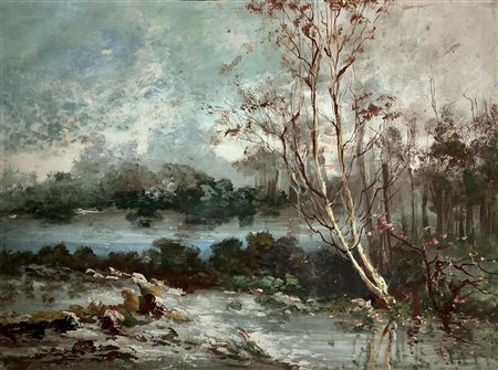 Dipinto ad olio su tela raffigurante paesaggio fluviale con alberi, inizi XX...