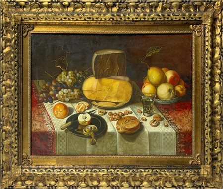 Dipinto ad olio su tela raffigurante natura morta di frutta e formaggi, noci...