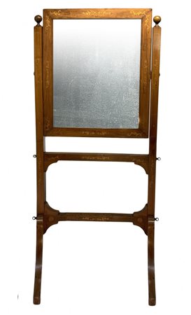 Psiche basculante in legno di noce con intarsi e perfili in legno chiaro....