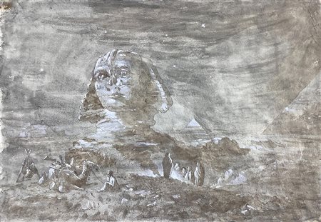 Gouache ad inchiostro bruno e biacca su carta raffigurante paesaggio notturno...