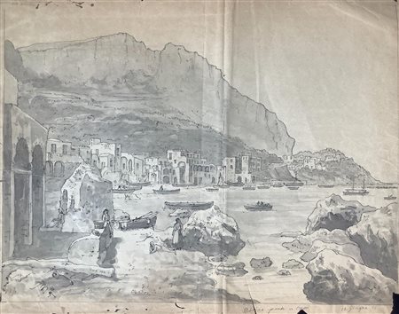 Disegno su carta raffigurante Marina di Capri, Scuola di Posillipo XIX...