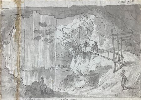 Disegno a inchiostro bruno su carta raffigurante Cascata Giessbach (Svizzera)...