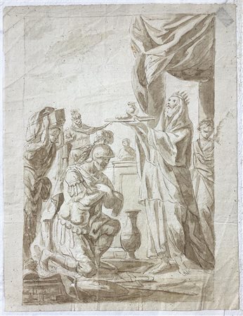 Disegno inchiostro a seppia raffigurante soldato genuflesso davanti al re,...