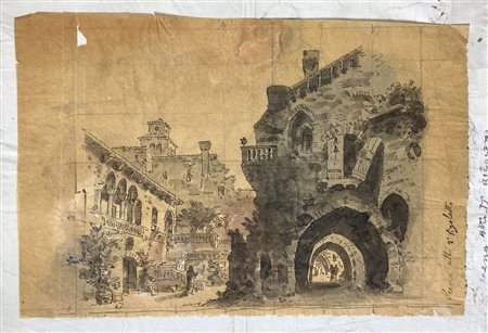 Disegno raffigurante al primo lato scena atto "II Rigoletto", sul retro...