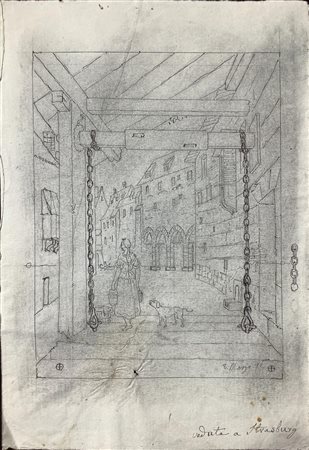 Disegno su carta a matita ed inchiostro raffigurante veduta su Strasburgo,...