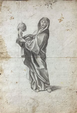 Disegno a matita su carta raffigurante Santa Chiara, cerchia di Guido Reni....