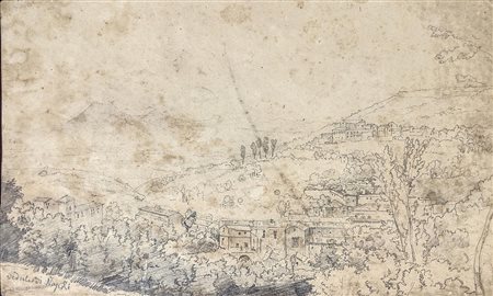 Disegno a matita su carta raffigurante veduta di Napoli, Scuola di Posillipo,...