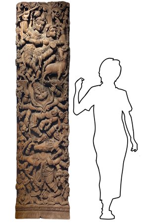 Grande panello ligneo, India. Intagliato raffigurante Krishna, Krashaum,...