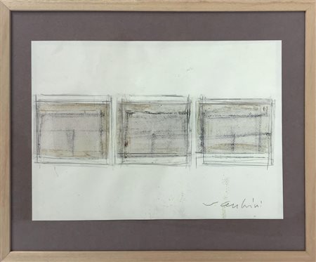 Tecnica mista e collage su cartoncino, raffigurante composizione astratta...