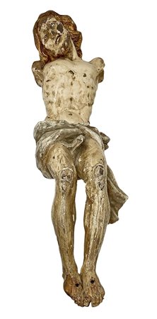 Scultura lignea policroma e dorata raffigurante cristo, occhi di vetro, XVIII...