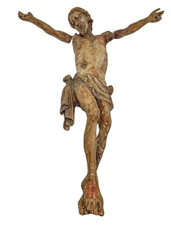 Scultura lignea raffigurante cristo, XVI secolo. H cm 36. Braccia da restaurare.
