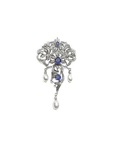 Spilla ciondolo in oro 18k, perle e zaffiri, gr 13.5