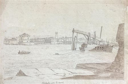 Disegno a inchiostro bruno su carta raffigurante Civitavecchia, anonimo del...