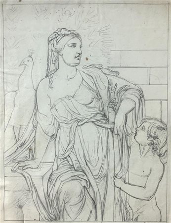 Disegno a matita su carta di stile Neoclassico raffigurante figura di donna...