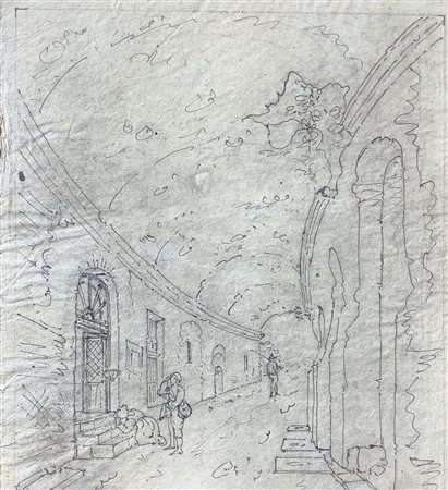 Disegno ad inchiostro su carta vergellata raffigurante via con personaggi,...