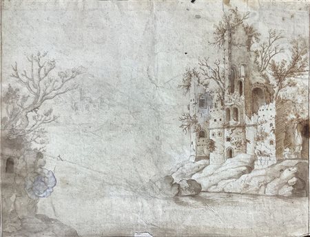 Disegno ad inchiostro bruno su carta vergellata raffigurante paesaggio con...