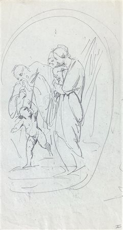 Disegno a matita su carta raffigurante Sacra Famiglia e San Giovannino, sul...