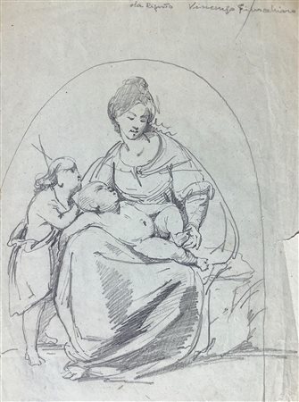 Disegno a matita su carta raffigurante Sacra Famiglia e San Giovannino, con...