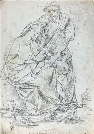 Disegno a matita su carta raffigurante Sacra Famiglia con Bambino, con...