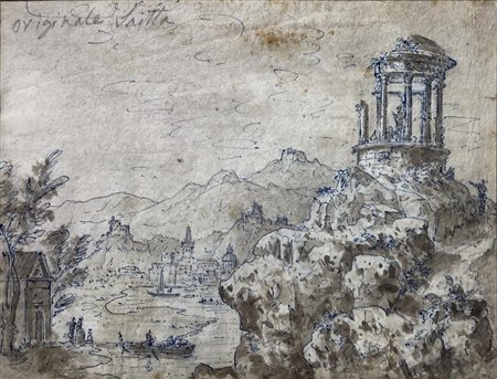 Disegno ad inchiostro blu e bruno in bella cornice raffigurante panorama con...