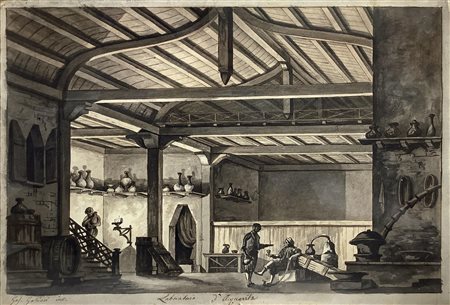 Disegno in bella cornice inchiostro bruno su carta raffigurante laboratorio...