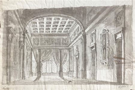 Disegno attribuito G.Saitta, ad inchiostro bruno su carta interno con colonne...