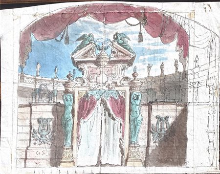 Disegno attribuito G.Saitta, ad inchiostro e acquarello su carta raffigurante...