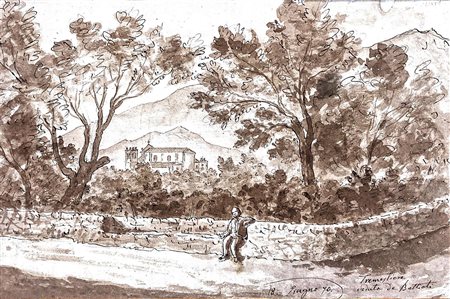 Disegno di autore anonimo raffigurante strada di campagna con personaggio,...