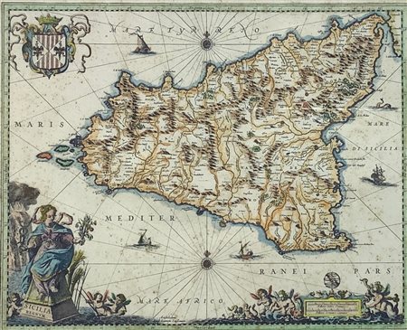 Rara incisione della “Sicilia Regnum” mm 340x490, XVII secolo incisore Joan...