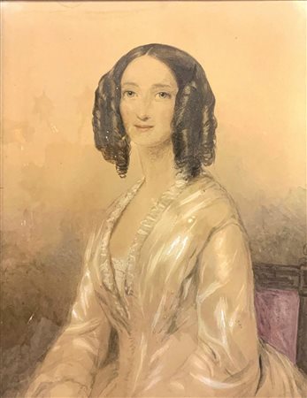 Dipinto a tecnica mista su carta raffigurante gentildonna, XIX secolo....