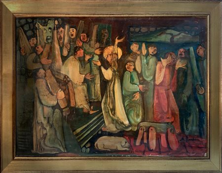 Dipinto ad olio su tela applicata su masonite raffigurante allegoria del...