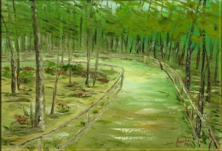 Olio su terra raffigurante sentiero nel bosco. Cm 50x70, in cornice cm 72x92....