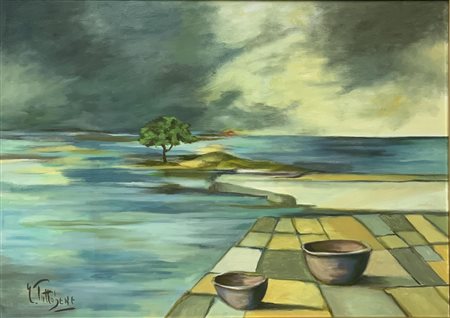 Olio su tela raffigurante “Le ciotole” . Cm 50x70 in cornice cm 70x90....