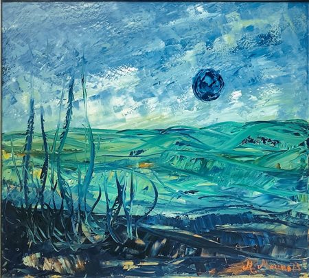 Pittura ad olio su tela raffigurante paesaggio. Firmato e datato in basso a...