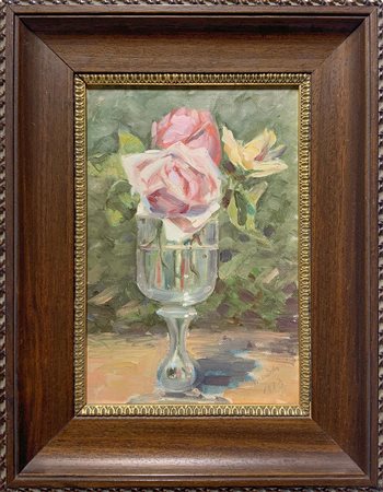 Dipinto ad olio su cartone telato raffigurante natura morta di fiore. Cm...