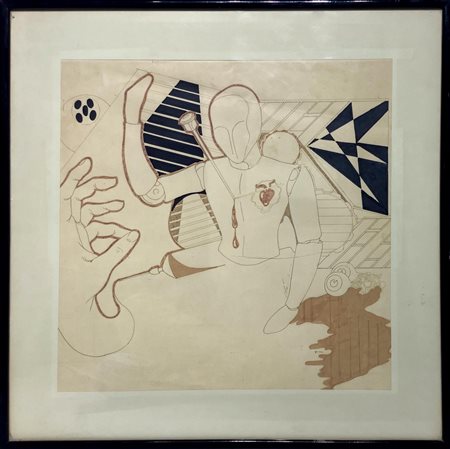 Tecnica mista su cartoncino raffigurante Robot. Cm 45x45. In cornice laccata...