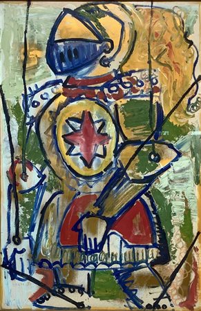 Olio su cartone raffigurante pupo siciliano in armatura, XX secolo. Firmato...