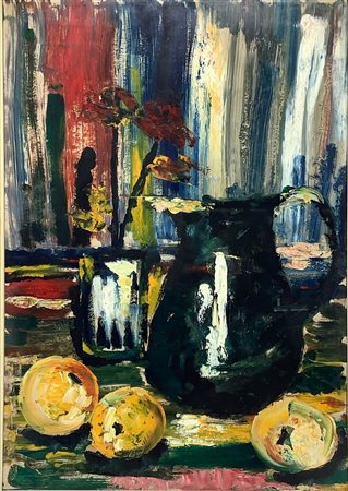 Olio su cartoncino raffigurante natura morta con mele e boccale, XX secolo....