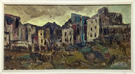 Olio su tavola raffigurante paesaggio con case, Nino Raciti (Catania, 1939)....
