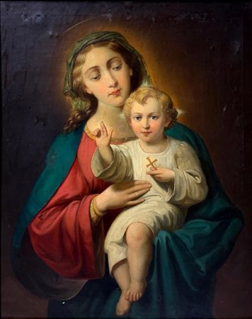 Dipinto olio su tela raffigurante Madonna con bambino benedicente, XIX...