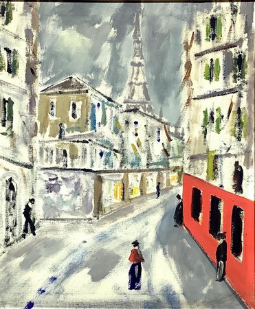 Olio su tela raffigurante canale strada Parigi. Cm 50x40. In cornice 70x60