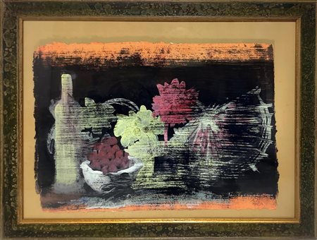 Tecnica mista su cartoncino raffigurante natura morta di frutta e bottiglie....