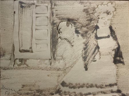 Disegno a inchiostro su carta raffigurante uomo e donna, Mino Maccari...