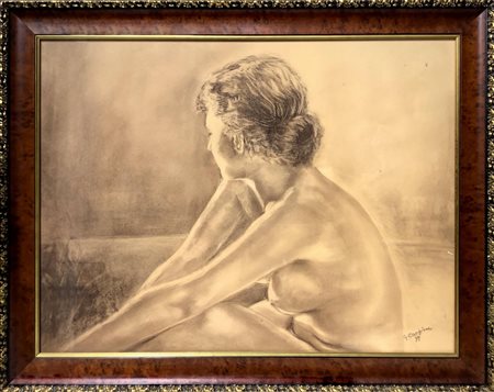 Disegno a nero di seppia raffigurante nudo di donna voltata di schiena....