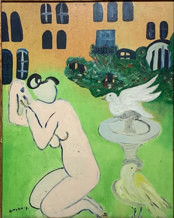 Dipinto ad olio su tela raffigigurante "La fontaine" . Firmato e datato in...