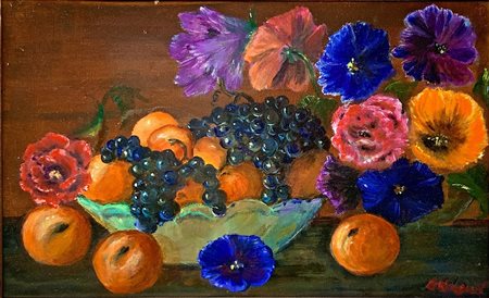 Dipinto ad olio su tela raffigurante natura morta, XX secolo. Cm 25x40,2, con...